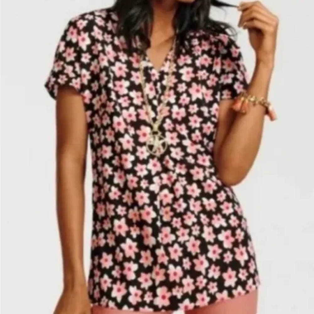 CAbi Harmony Floral V Neck Short Sleeve Top Shirt Blouse Boxy